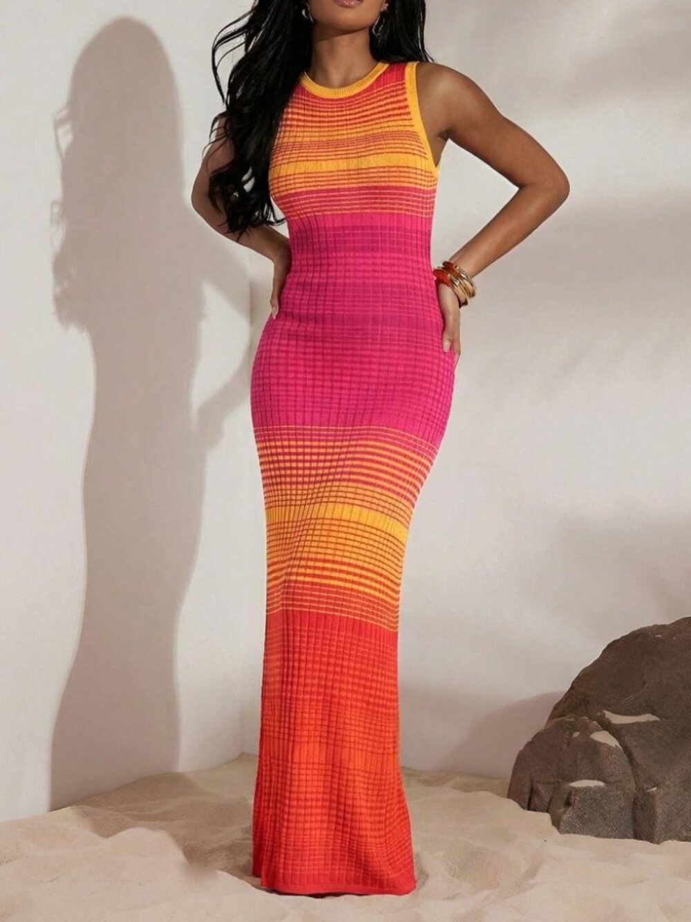Sunset Ombre Ribbed Knit Sleeveless Maxi Dress